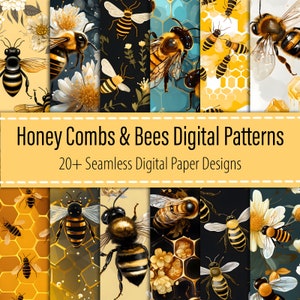 May include: A set of 20+ digital paper designs featuring honeycombs and bees. The designs are seamless and feature a variety of colors, including yellow, brown, black, and white. The designs are perfect for creating crafts, scrapbooking, and other projects.