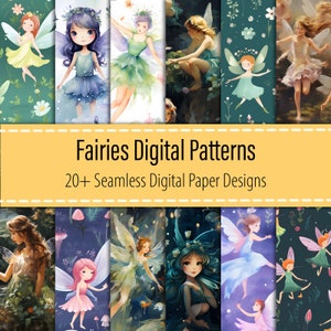 May include: A collection of digital paper designs featuring fairies. The designs showcase fairies in various poses and settings, with a range of colors including green, blue, pink, and purple. The text "Fairies Digital Patterns" and "20+ Seamless Digital Paper Designs" is displayed.