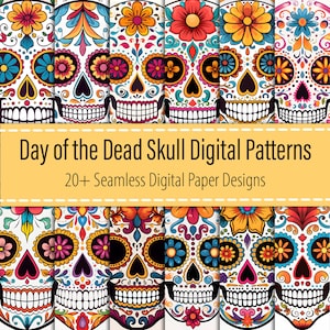 Day of the Dead Skull 20+ Digital Paper Bundle, Día De Los Muertos Seamless Pattern, Sugar Skull Print, Halloween Print, Téléchargement imprimable