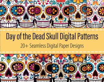 Day of the Dead Skull 20+ Digital Paper Bundle, Día De Los Muertos Seamless Pattern, Sugar Skull Print, Halloween Print, Printable Download