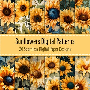 Puede incluir: Un paquete de papel digital con 20 patrones sin costuras que presentan girasoles amarillos con centros marrones sobre un fondo blanco. El texto "Sunflowers Digital Patterns" y "20 Seamless Digital Paper Designs" se muestra en una pancarta amarilla.