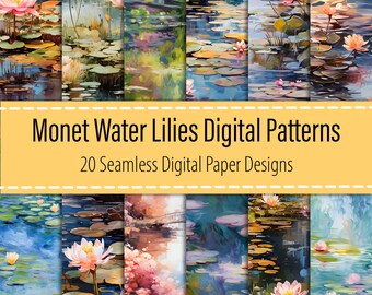Op de afbeelding: Een verzameling van 20 digitale papierontwerpen met impressionistische schilderijen van waterlelies. Het kunstwerk toont roze en witte bloemen, groene waterleliebladeren en reflecties in het water. De tekst luidt "Monet Water Lilies Digital Patterns".