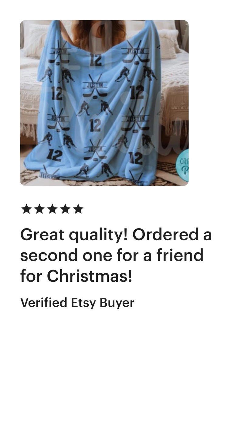 May include: A light blue fleece blanket with a hockey player and stick design. The blanket is personalized with the name "Justin" and the number "12".