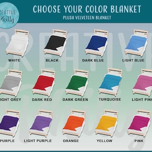 May include: A visual guide to choose a color for a plush velvet blanket. The image shows a bed with a blanket in 15 different colors, including white, black, dark blue, light blue, light grey, dark red, dark green, turquoise, light pink, purple, light purple, orange, yellow, and pink.
