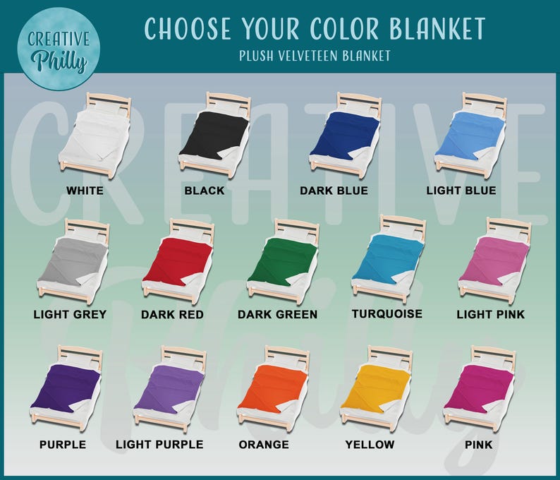 May include: A visual guide to choose a color for a plush velvet blanket. The image shows a bed with a blanket in 15 different colors, including white, black, dark blue, light blue, light grey, dark red, dark green, turquoise, light pink, purple, light purple, orange, yellow, and pink.