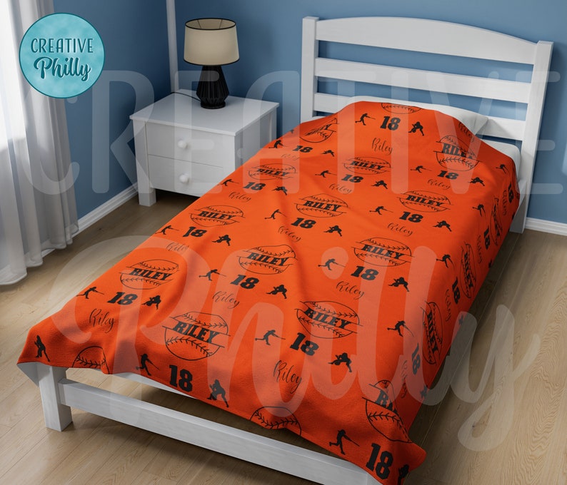 Personalized softball blanket personalized blanket sports blanket custom blanket girls blanket gift for her gift for sports mom softball ORANGE