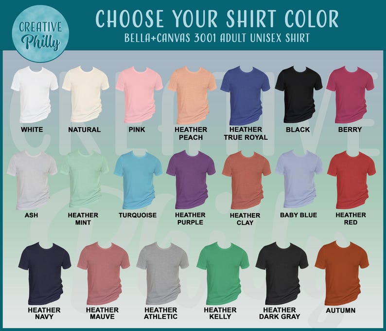 May include: A selection of Bella+Canvas 3001 adult unisex t-shirts in various colors, including white, pink, and black. The image displays a color chart with options like "Heather Peach" and "Autumn". Text reads "Choose Your Shirt Color".