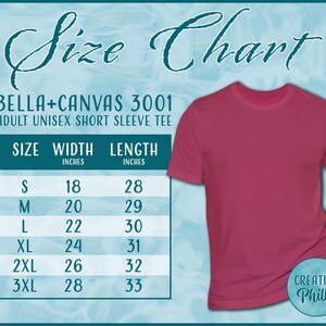 May include: A red short-sleeve t-shirt with a size chart. The chart lists sizes S to 3XL, with corresponding width and length measurements in inches. The text on the chart reads "BELLA+CANVAS 3001 ADULT UNISEX SHORT SLEEVE TEE."