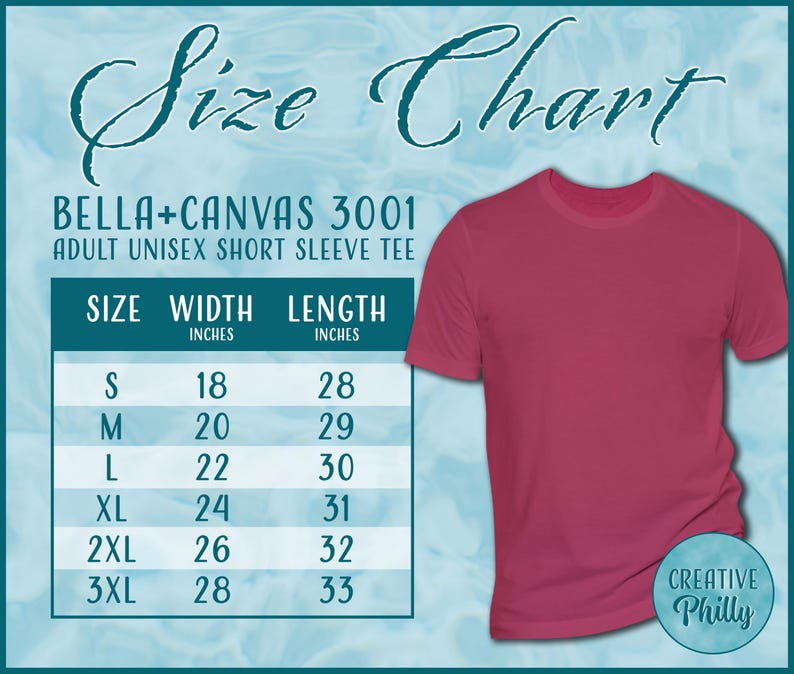 May include: A red short-sleeve t-shirt with a size chart. The chart lists sizes S to 3XL, with corresponding width and length measurements in inches. The text on the chart reads "BELLA+CANVAS 3001 ADULT UNISEX SHORT SLEEVE TEE."
