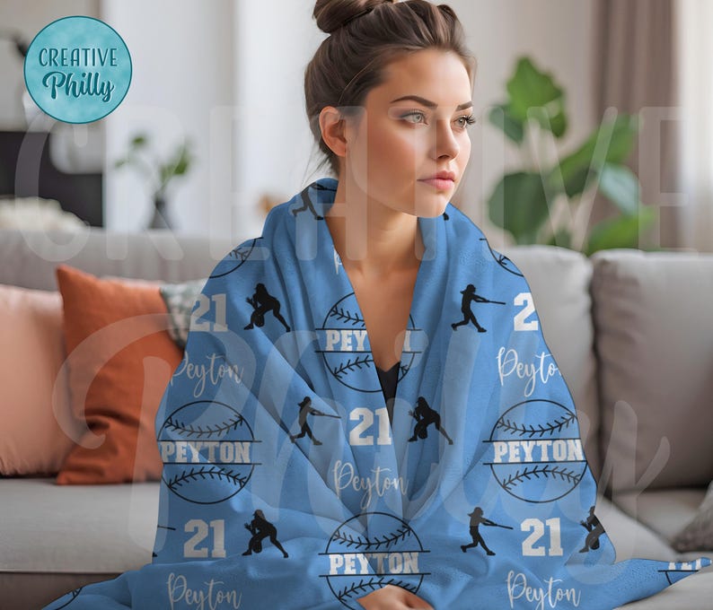 Personalized softball blanket personalized blanket sports blanket custom blanket girls blanket gift for her gift for sports mom softball LIGHT BLUE