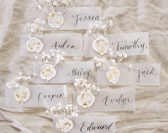 Bespoke Vellum Place Cards With Wax Seal and Dried Baby's Breath.