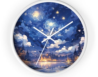 Starry Night Village Art Gift Idea Wall Clock