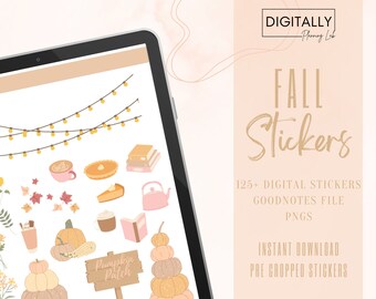 May include: A digital sticker set featuring autumn-themed illustrations, including pumpkins, leaves, fairy lights, and a sign that says "Pumpkin Patch". The stickers are designed for use in digital planners and note-taking apps.