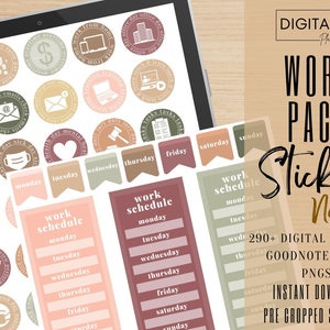 May include: A set of digital planner stickers in neutral colors, including a work schedule, days of the week, and various other icons. The stickers are designed for use in the Goodnotes app and are pre-cropped for easy use.