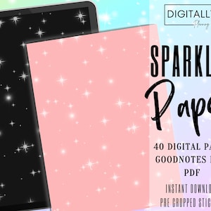 May include: A digital product image showing a black tablet and a pink paper with white sparkles. The text "SPARKLES Paper" is displayed in large, black, cursive font. Additional text includes "40 DIGITAL PAPER GOODNOTES FILE PDF INSTANT DOWNLOAD PRE CROPPED STICKERS".