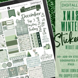 May include: A digital planner screen displaying a set of 50+ Christmas and winter themed stickers in green and white. The stickers include a variety of designs, such as snowflakes, reindeer, and Christmas trees. The text on the screen reads "Digitally Planning Lab Xmas Winter Stickers Widget Add Ons 50+ Add-On Stickers Goodnotes File PNGs Instant Download Pre Cropped Stickers".