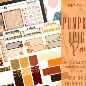 May include: A digital sticker pack with a pumpkin spice theme. The pack includes 330+ digital stickers for Goodnotes and PNGs. The stickers are pre-cropped and ready for instant download.
