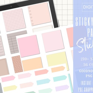 May include: A digital download of 210+ pre-cropped sticky note stickers in 36 colors. The stickers are transparent and can be used in Goodnotes and other note-taking apps. The image shows a variety of sticker shapes and designs, including squares, rectangles, arrows, and hearts.
