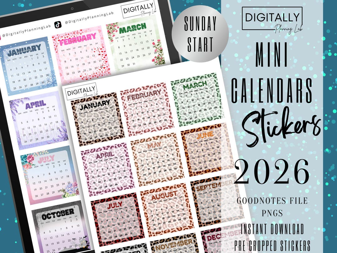 2026 Mini Calendars Stickers-sunday| Goodnotes, Notability, Noteshelf ...