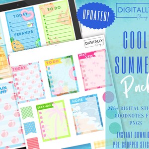 May include: A digital planner sticker pack with a summer theme. The stickers feature beachy designs like palm trees, beach balls, and flamingos. The pack includes 275+ digital stickers, a Goodnotes file, and PNGs. The stickers are pre-cropped and ready for instant download.