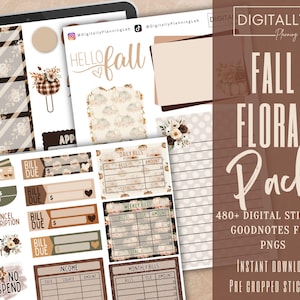 Puede incluir: Pegatinas digitales para planificador con temática floral de otoño. Las pegatinas incluyen recordatorios de facturas, seguimiento de facturas diarias y semanales, y elementos decorativos. El diseño presenta una paleta de colores neutros con acentos florales y el texto "Hello Fall".