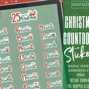May include: A set of 25 digital Christmas countdown stickers featuring a green and red color scheme with various Christmas-themed illustrations. The stickers are pre-cropped and ready to use in Goodnotes.