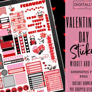 May include: A digital planner sticker set with a Valentine's Day theme. The stickers feature black and white pandas, red hearts, and the text "FEBRUARY", "TO DO", "TODAY", "DAY OFF", "TOP 3", "NEXT WEEK", "WEEKEND", "PAY DAY", "HAPPY VALENTINE'S DAY", "HAPPY GALENTINE'S DAY", "LOVE", and "BILL".