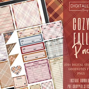 May include: A digital sticker pack with a cozy fall theme. The stickers feature plaid patterns in shades of red, brown, and beige. The pack includes various stickers for budgeting, including bill trackers, income trackers, and daily, weekly, and monthly bill trackers. The pack also includes stickers for general planning, such as a calendar, a "pay day" sticker, and a "no spend" sticker. The text "COZY FALL Pack" is displayed in a large font on the image. The text "270+ DIGITAL STICKERS GOODNOTES FILE PNGS INSTANT DOWNLOAD PRE CROPPED STICKERS" is also displayed on the image.
