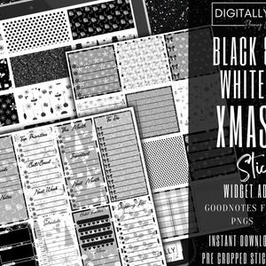 May include: Black and white Christmas themed digital planner stickers for Goodnotes. The stickers include a variety of designs, such as snowflakes, ornaments, and Christmas trees. The stickers are pre-cropped and ready to use.