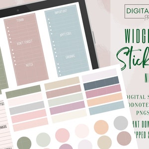 Op de afbeelding: Digitale planner stickers in neutrale kleuren, waaronder groen, roze, beige en blauw. De stickers hebben verschillende vormen, waaronder rechthoeken, cirkels en vierkanten. De stickers zijn ontworpen voor gebruik in digitale planners en notitieboekjes.