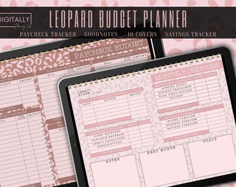 May include: A digital budget planner with a leopard print background. The planner includes sections for tracking income, expenses, credit score, savings, and monthly overview. The planner is designed for use with GoodNotes and includes 10 covers.