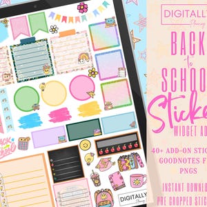 Könnte beinhalten: Ein digitales Planer-Sticker-Set mit dem Thema „Zurück zur Schule“. Die Sticker sind bunt und zeigen verschiedene Designs, darunter eine Glühbirne, eine Abschluss-Kappe, einen Stapel Bücher und einen Bleistift. Die Sticker sind vorgefertigt und können in Goodnotes verwendet werden.