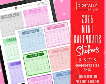 Könnte beinhalten: Ein Set mit 2025 Mini-Kalenderstickern für Goodnotes. Die Sticker sind vorgefertigt und werden in zwei Sets geliefert. Die Kalender sind in verschiedenen Farben, darunter rosa, blau, grün und lila. Der Text auf dem Bild lautet "Digitally Planning Lab 2025 Mini Calendars Stickers 2 Sets Goodnotes File PNGs Instant Download Pre Cropped Stickers".