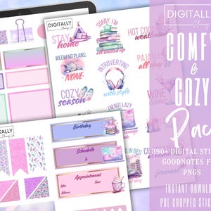 Puede incluir: Un conjunto de pegatinas digitales con un tema acogedor y cómodo. Las pegatinas incluyen ilustraciones de un gato, una pila de libros, una taza de café, una copa de vino y más. Las pegatinas están diseñadas en una paleta de colores pastel con acentos de rosa, morado y azul. El texto en las pegatinas incluye frases como "Quédate en casa", "Introvertido con estilo" y "Temporada acogedora".