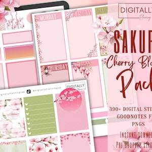 May include: A digital planner sticker pack with a pink and green color scheme featuring cherry blossoms and the text "SAKURA Cherry Blossom Pack". The pack includes 390+ digital stickers, a Goodnotes file, and PNGs. The stickers are pre-cropped and available for instant download.
