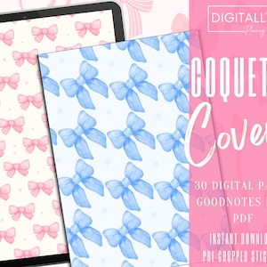 May include: Two digital paper patterns featuring watercolor bows. One pattern has pink bows on a white background, the other has blue bows on a light blue background. The text "COQUETTE Covers" is displayed in a pink box.