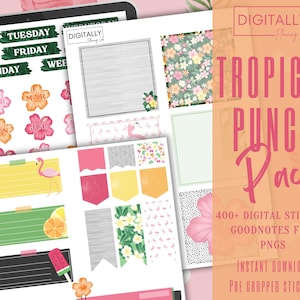 May include: A digital sticker pack with a tropical theme. The pack includes over 400 stickers, a Goodnotes file, and PNGs. The stickers feature flamingos, pineapples, flowers, and other tropical elements. The pack is available for instant download and the stickers are pre-cropped.
