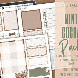 May include: Digital planner stickers with a winter theme. The image features a tablet displaying digital planner pages with various layouts, including weekly calendars, notes sections, and decorative elements. The color palette includes brown, white, and green.