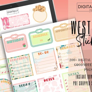 Op de afbeelding: Een set digitale stickers met een western thema. De stickers bevatten cactussen, hoefijzers en andere western afbeeldingen. De stickers zijn voorgeknipt en klaar voor gebruik in Goodnotes.