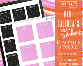 May include: A digital planner sticker set with 18 months of calendars in 9 colors. The stickers are pre-cropped and ready to use in the Goodnotes app. The image shows a variety of calendar designs, including black, pink, and green.
