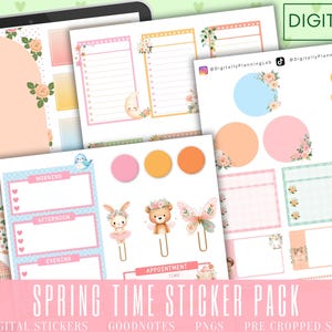 May include: A collection of digital stickers with a spring theme. The stickers include floral designs, pastel colors, and cute animal illustrations. The text "SPRING TIME STICKER PACK" is displayed at the bottom of the image.