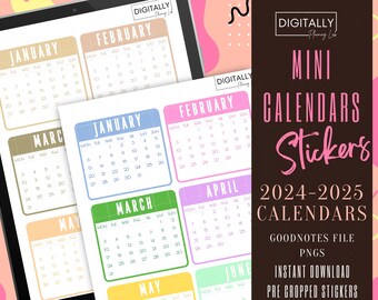 May include: A set of 12 printable mini calendar stickers for Goodnotes, featuring months from January to June in 2024 and 2025. The stickers are in various pastel colors and have a grid pattern. The text "Digitally Planning Lab" appears in the top right corner of the image.