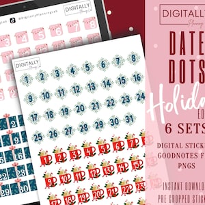 May include: Six sets of digital holiday date dot stickers for use in planners and journals. The stickers feature a variety of holiday themes, including Christmas trees, gift boxes, and mugs of hot cocoa. The stickers are available in PNG format and are pre-cropped for easy use.