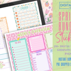 May include: A digital sticker bundle with a spring theme. The stickers feature a pink and green floral pattern with white daisies. The bundle includes 210+ digital stickers, a Goodnotes file, and PNGs. The stickers are pre-cropped and ready for instant download.