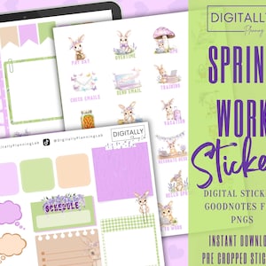 May include: Digital spring-themed work stickers with bunny illustrations. The stickers include phrases like "Pay Day," "Overtime," and "Vacation." The image also displays a digital planner with a weekly layout and various sticker designs. The text "Spring Work Stickers" is prominently displayed.