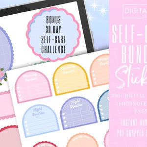 May include: A digital sticker bundle for self-care with a pink background and the text "SELF-CARE BUNDLE STICKERS" in white. The bundle includes 350+ digital stickers, a Goodnotes file, and PNGs. The stickers are pre-cropped and available for instant download.