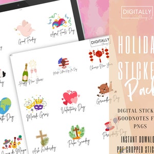 May include: A digital sticker pack with illustrations of holidays throughout the year. The stickers are pre-cropped and ready to use in Goodnotes. The pack includes stickers for holidays like Earth Day, Valentine's Day, and Presidents' Day.