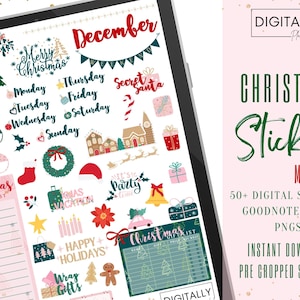 May include: A digital sticker set with a Christmas theme. The stickers feature a variety of festive designs, including a Christmas tree, presents, ornaments, and a Santa Claus hat. The stickers are in a variety of colours, including red, green, white, and gold. The stickers are perfect for adding a touch of holiday cheer to your planner, journal, or other paper crafts.