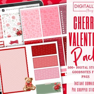 May include: A digital planner sticker pack with a Valentine's Day theme. The pack includes various pink and red stickers, a teddy bear, and floral accents. The text on the image reads "CHERRY VALENTINE Pack" and "500+ DIGITAL STICKERS".