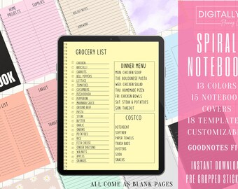 Op de afbeelding: Een digitale planner met een roze, gele en blauwe kleurschema. De planner heeft een spiraalbinding en bevat een boodschappenlijst, een dinermenu en een Costco-lijst. De tekst "Digitally Planning Lot" en "Spiral Notebook" wordt weergegeven in een roze vak. De tekst "13 Kleuren, 15 Notitieboek Covers, 18 Sjablonen, Aanpasbaar, Goodnotes Bestand, Direct Downloaden, Voorgeknipte Stickers" wordt weergegeven in een roze vak. De tekst "Allemaal komen als lege pagina's" wordt onderaan de afbeelding weergegeven.